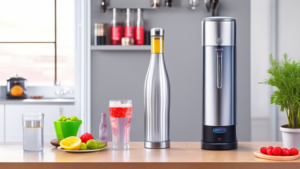 Modern elektromos szódagép működés közben konyhapulton LED kijelzővel és átlátszó palackkal