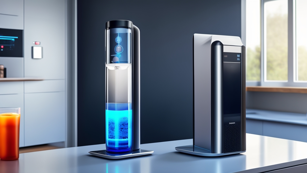 Futurisztikus okos szódagép érintőkijelzővel és okostelefon alkalmazás vezérléssel modern konyhai környezetben